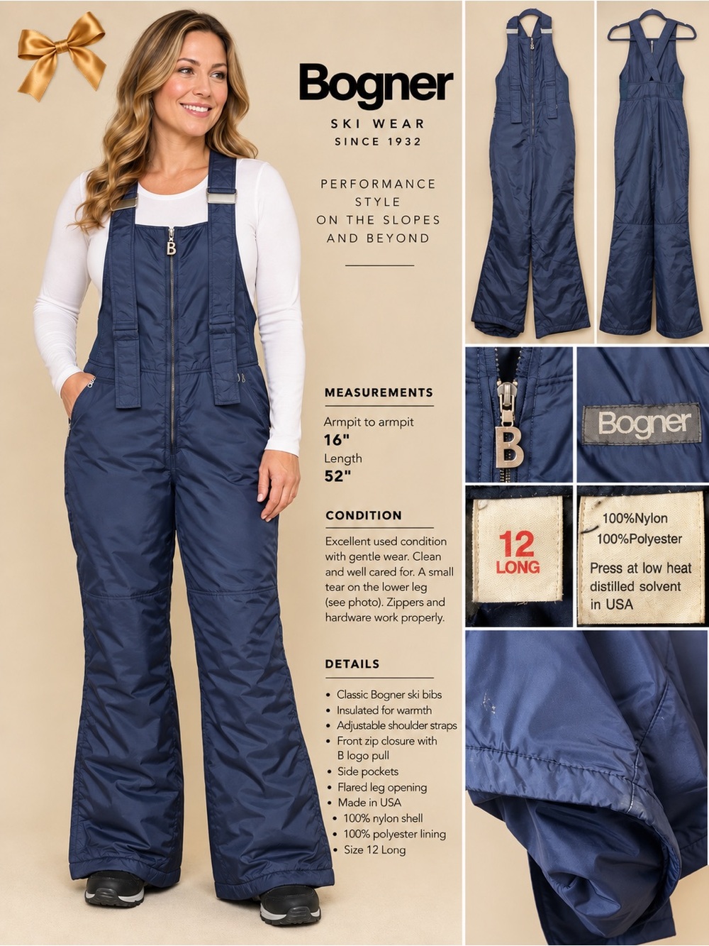 Bogner Vintage Ski Bib Snow Pants Navy Size 12 Long Made in USA